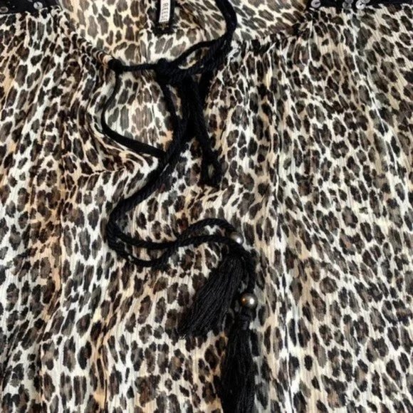 Plenty by Tracy Reese Leopard Print Crinkle Silky Peasant Blouse w/ Sequins - S - Picture 6 of 7
